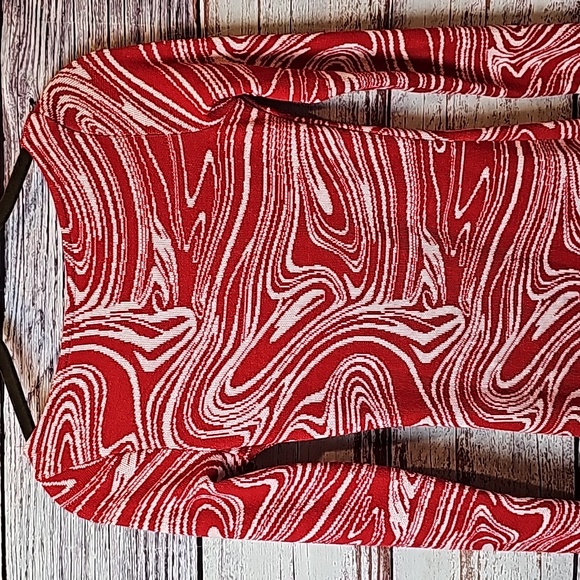 ZARA RED & WHITE MARBLED LONG SLEEVE SWEETHEART NECK BODYCON MINI DRESS - Picture 6 of 11